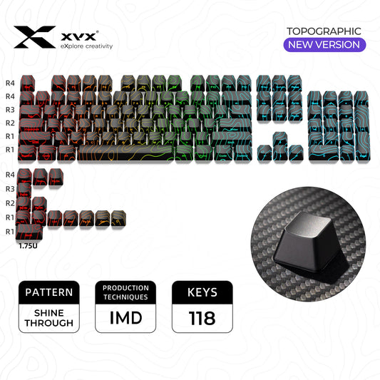 Black IMD keycap set with topographic shine-through design, neon accents across rows