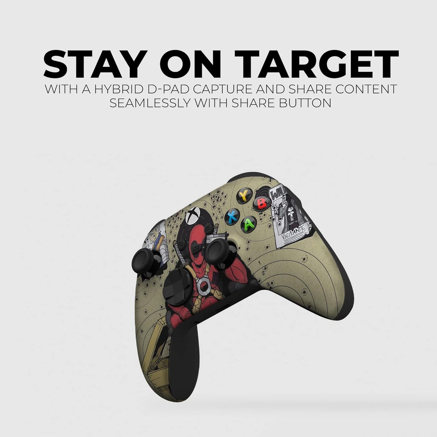 Beige Xbox controller with Deadpool comic artwork printed across the front