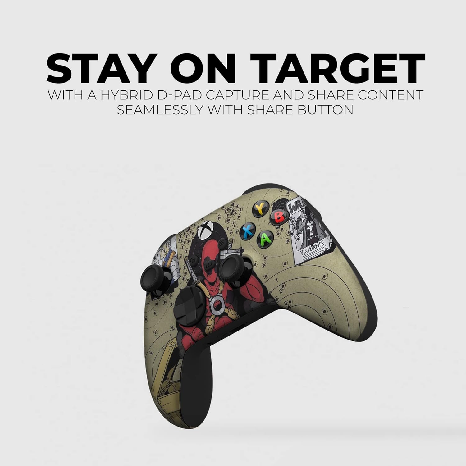 Beige Xbox controller with Deadpool comic artwork printed across the front