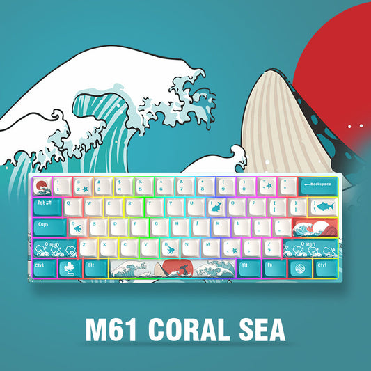 Coral sea themed 61-key keyboard with colorful keycap legends and ocean graphics