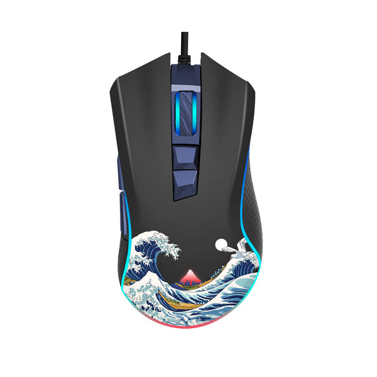 Black wired gaming mouse with wave graphic, glowing blue scroll and purple side light.