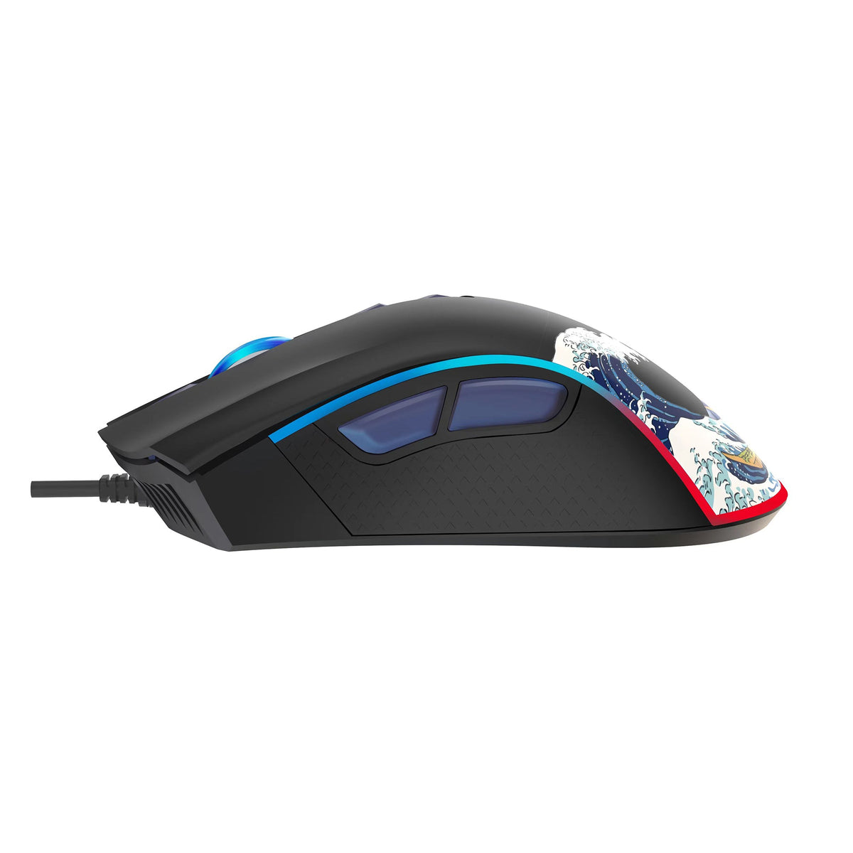 Black wired gaming mouse, side profile with blue LED accent and wave-themed side panel.