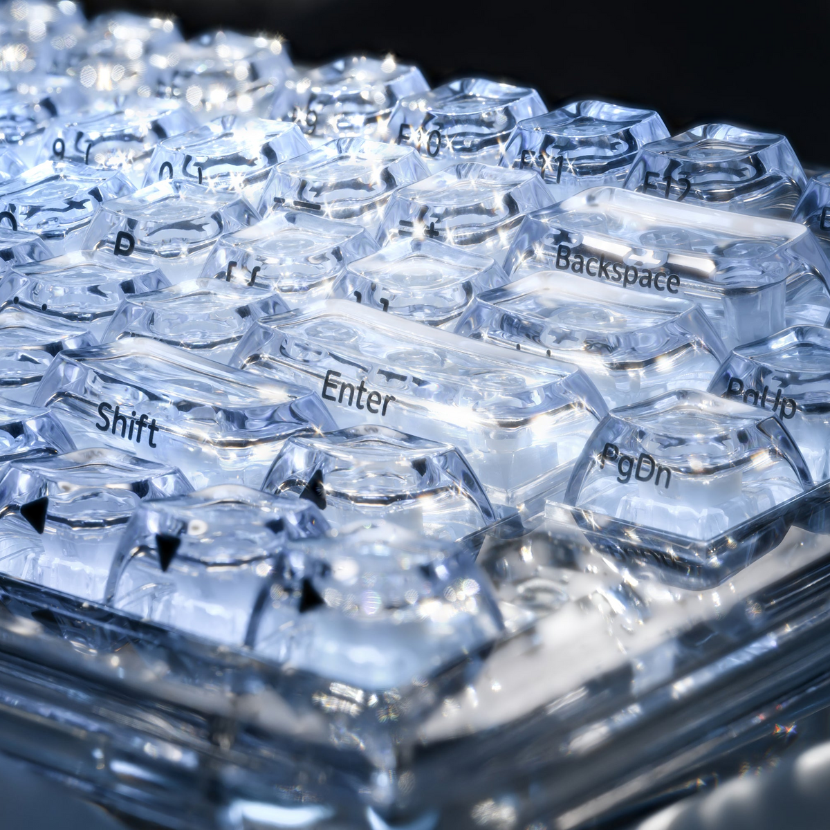 Layered transparent SA keycaps with clear legends, including “Enter” and “Backspace”