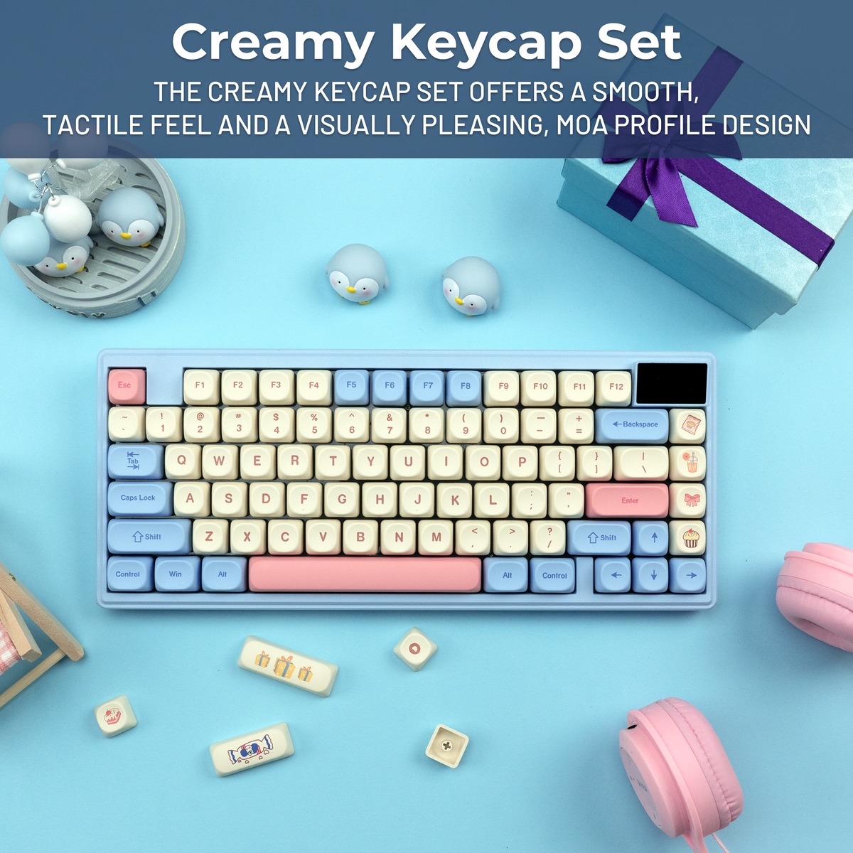 Cream, blue, and pink MOA profile keycaps set with pastel themed novelty keys