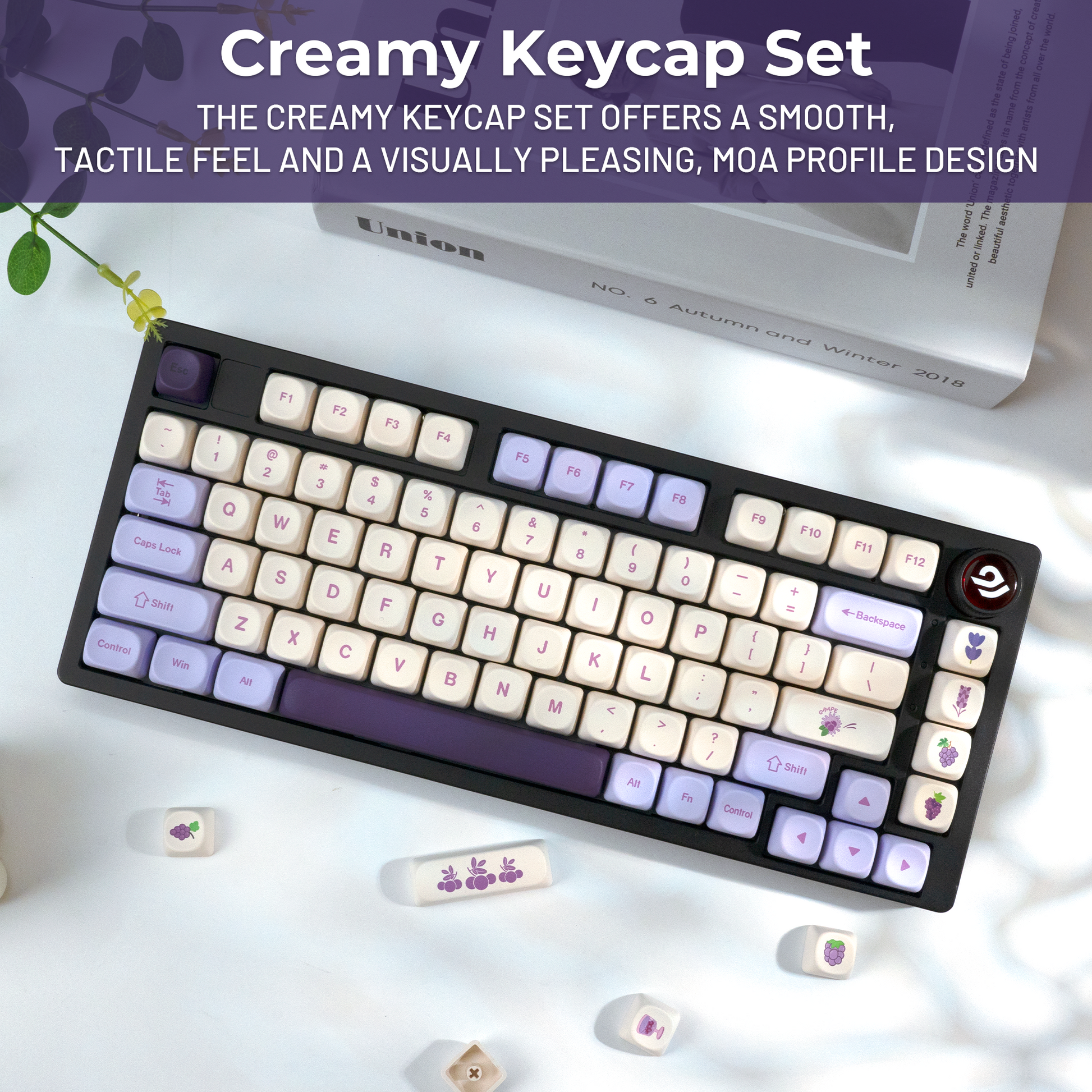 MOA keycap set in cream and lavender with grape icon keycaps across the board