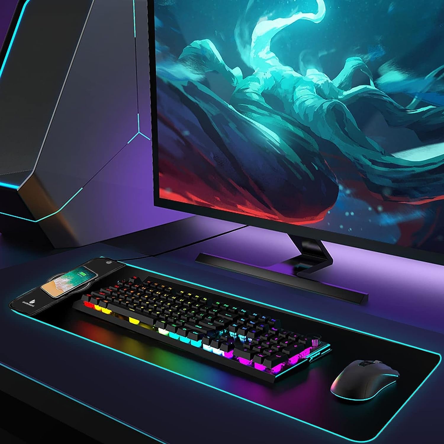 Black gaming mouse pad with glowing RGB border beneath a keyboard