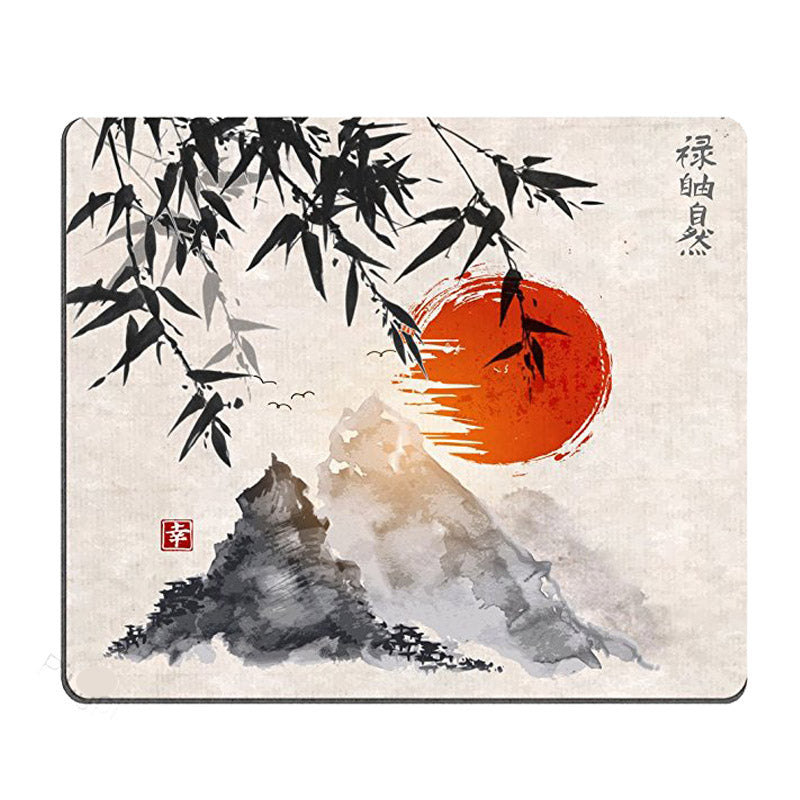 Rectangular mouse pad with illustrated bamboo and red sun landscape artwork