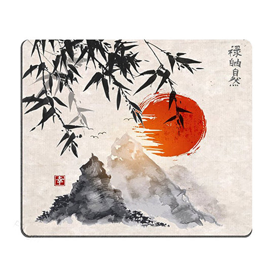 Rectangular mouse pad with illustrated bamboo and red sun landscape artwork