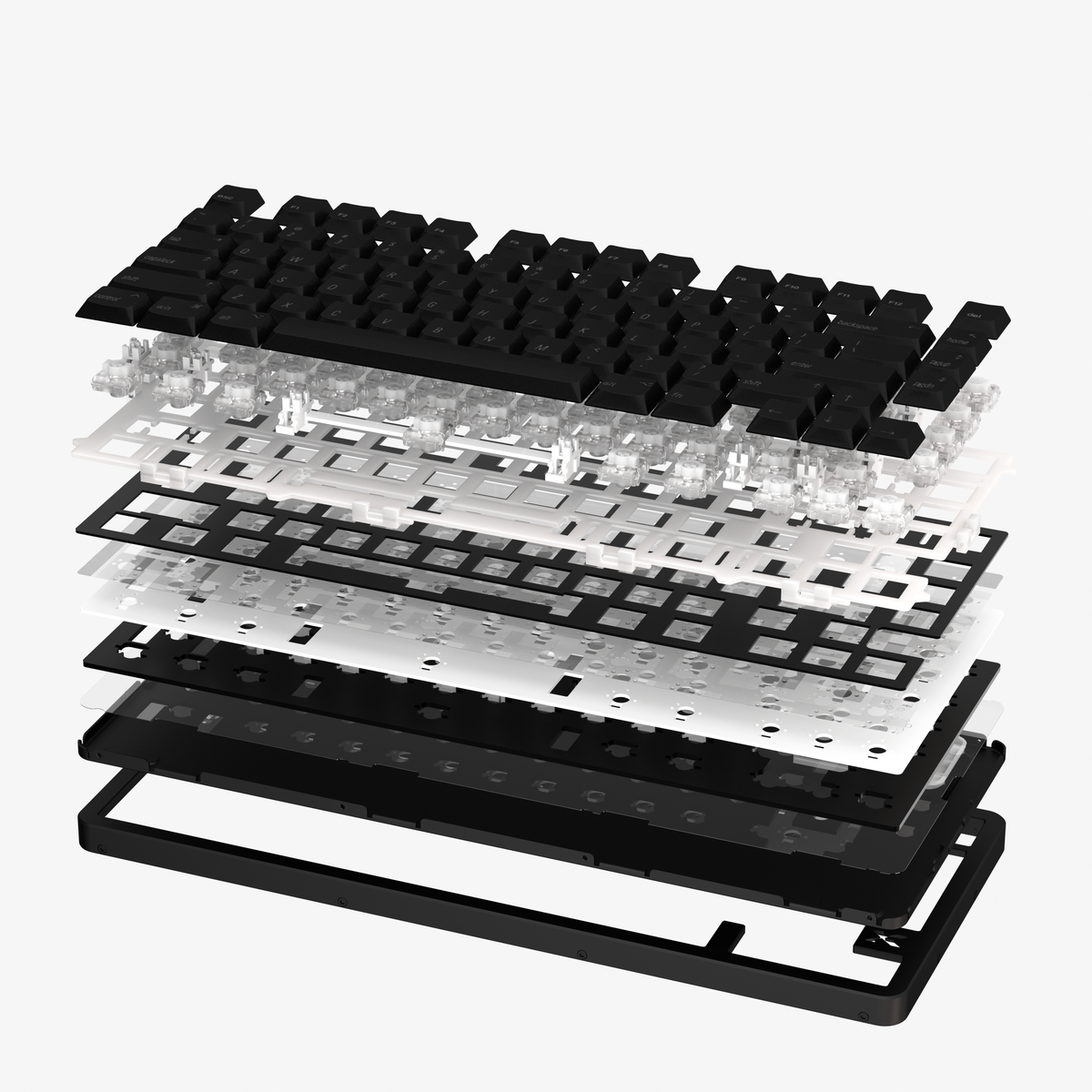 Low-profile keyboard assembly with black keycaps and layered clear internal plates