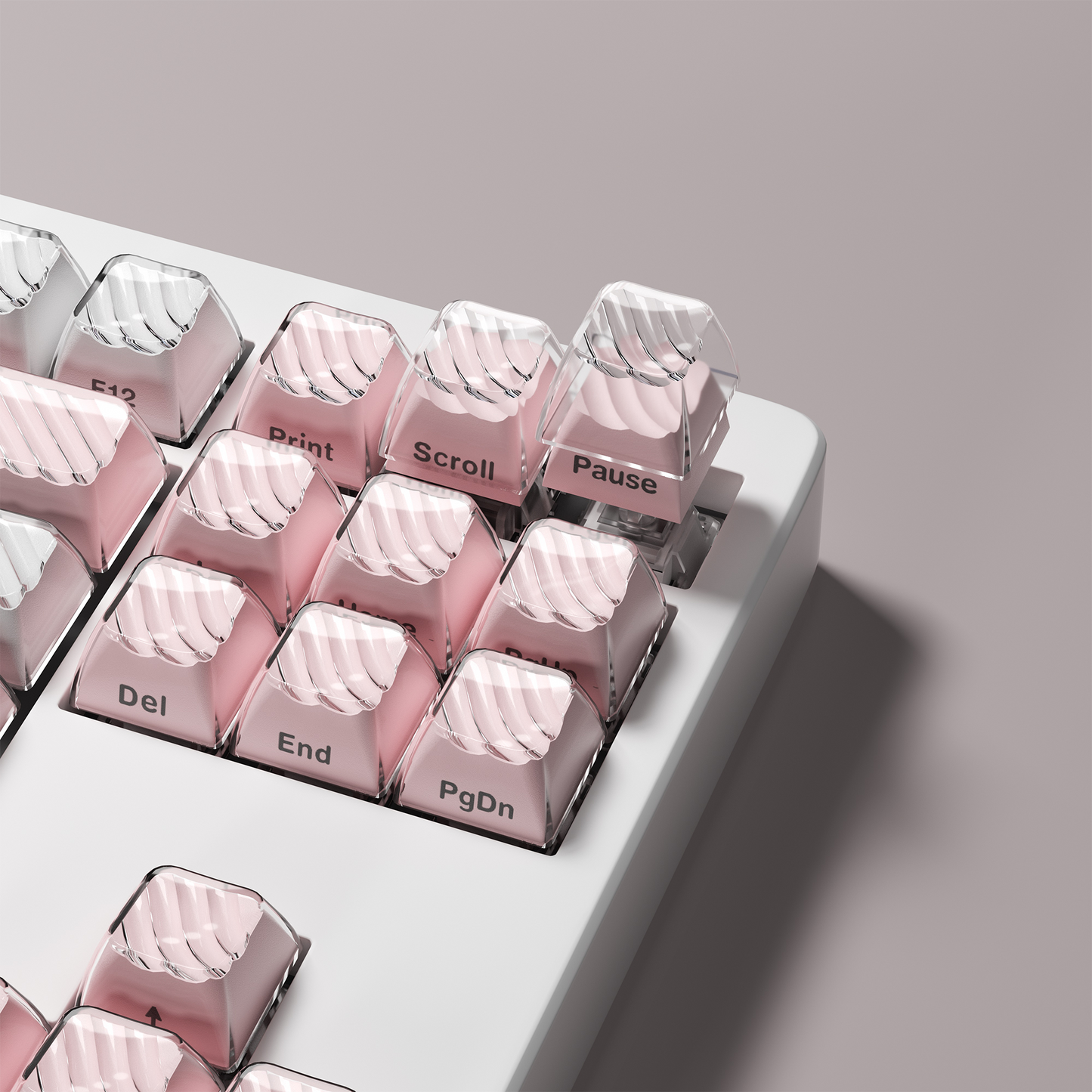 Pink side-printed translucent OEM profile keycaps with clear legends on key stems
