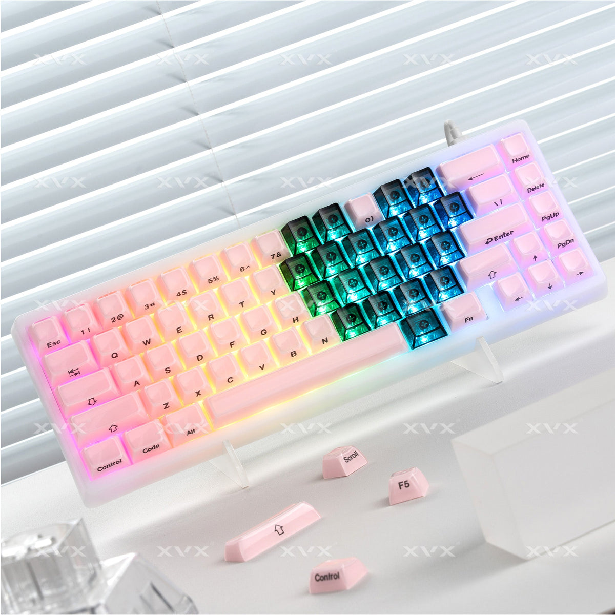 Rainbow backlit keycap set with translucent heart profiles and printed legends