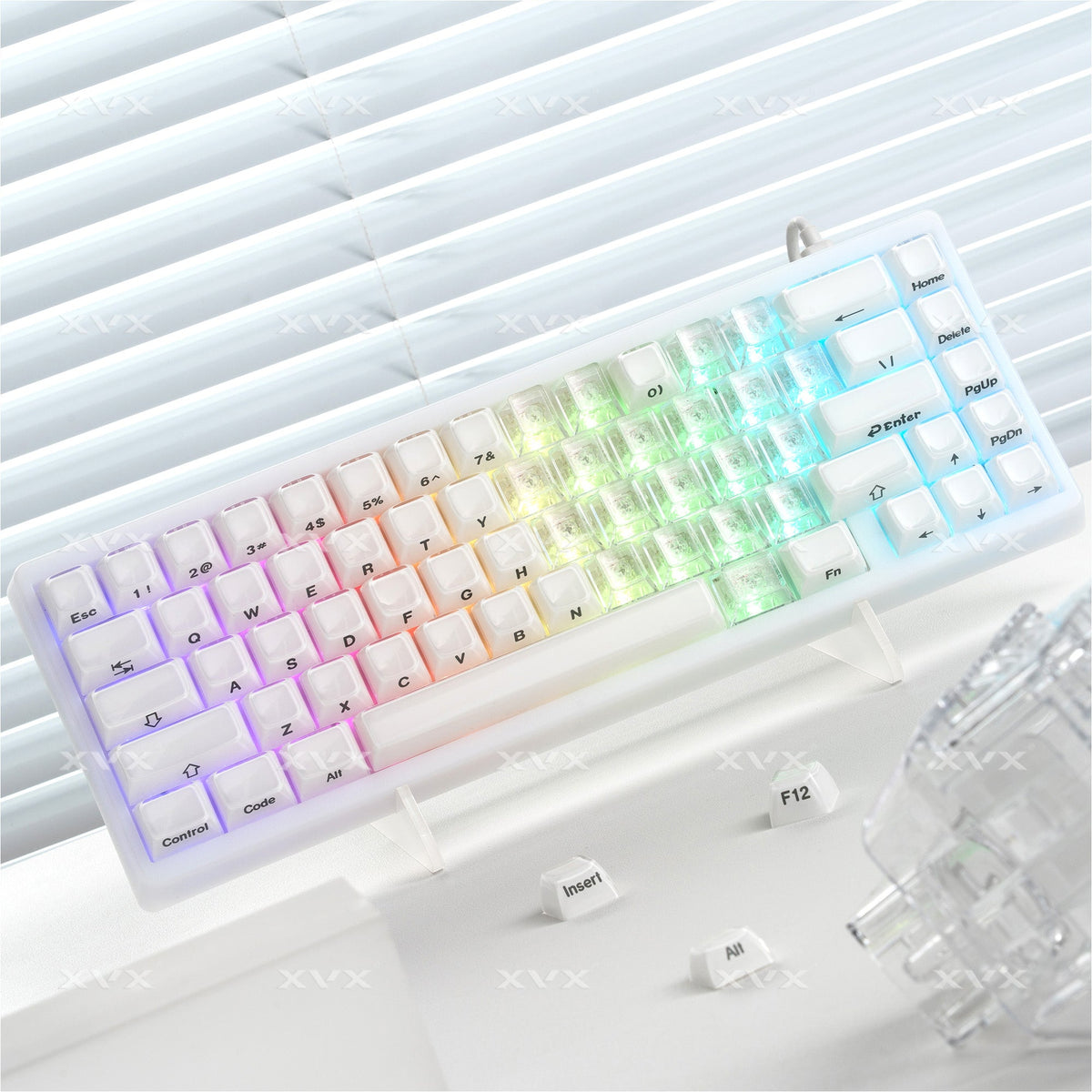 Multicolor pastel translucent keycap set with heart logos on a keyboard