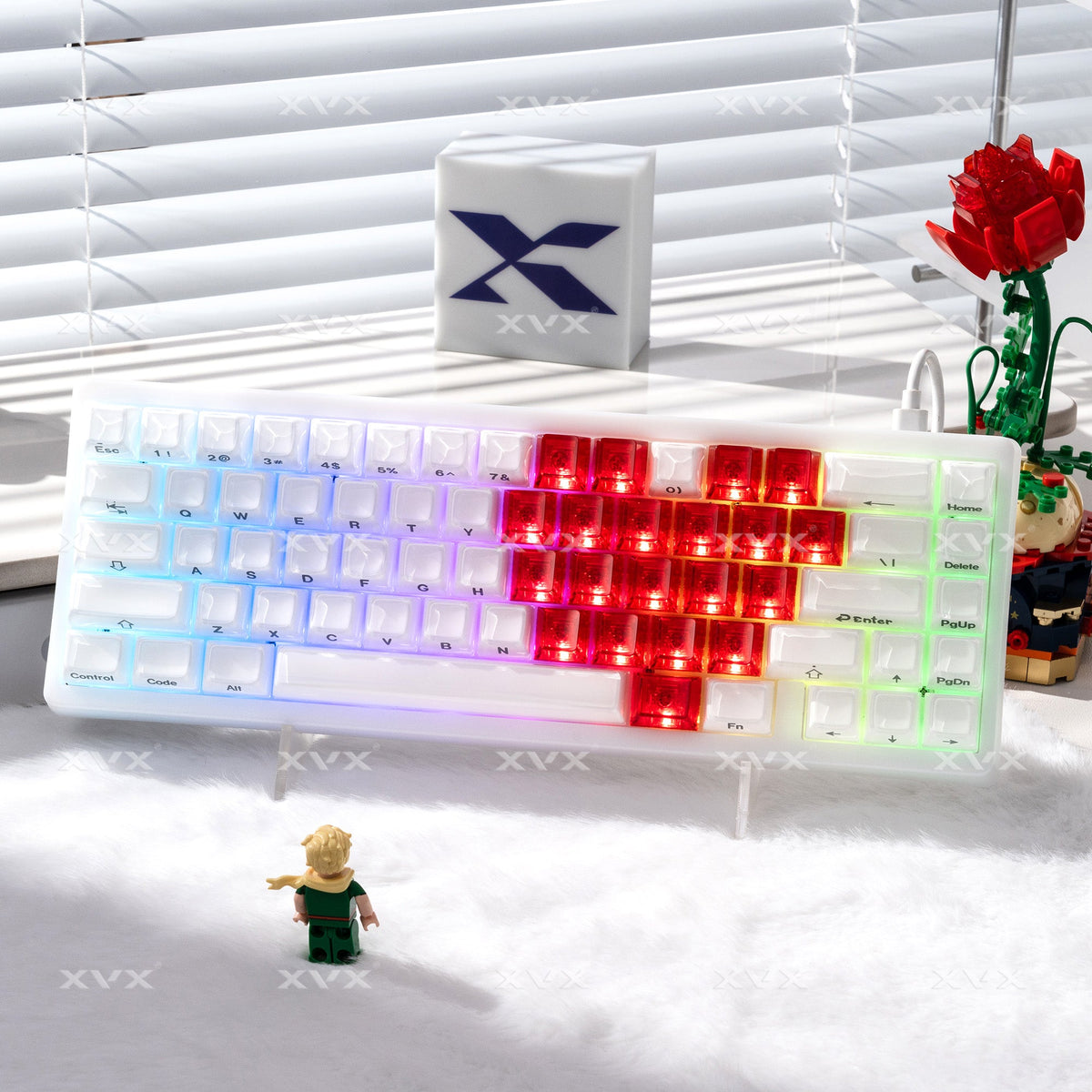 Backlit keyboard keycap set with blue, red, purple, pink, and green heart profiles