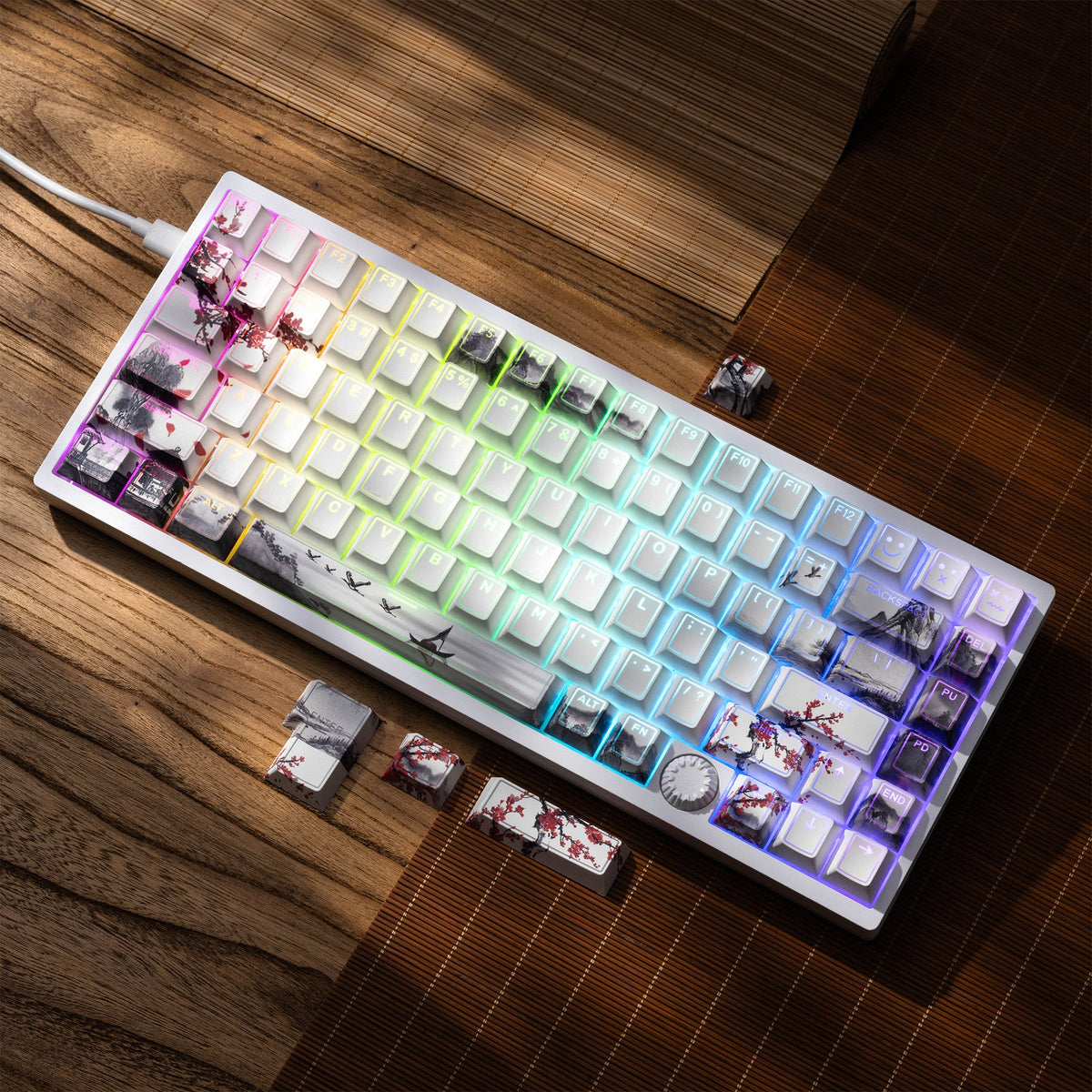 Cherry-profile keycap set with white caps and green-to-blue illuminated shine-through legends