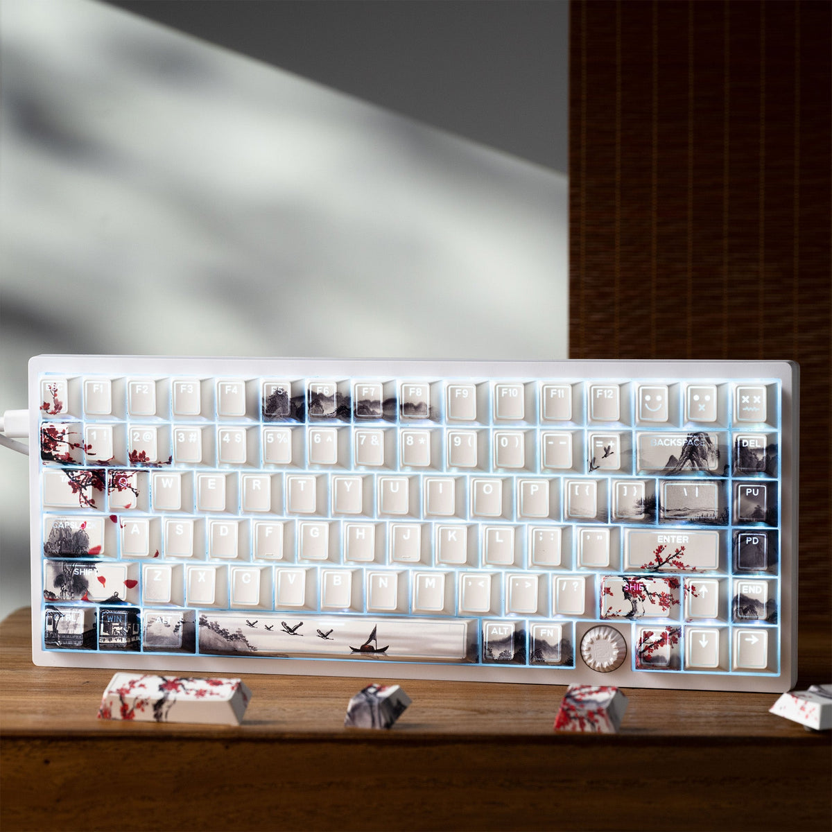 Cherry-profile keycap set with white caps and red/black graphic legends