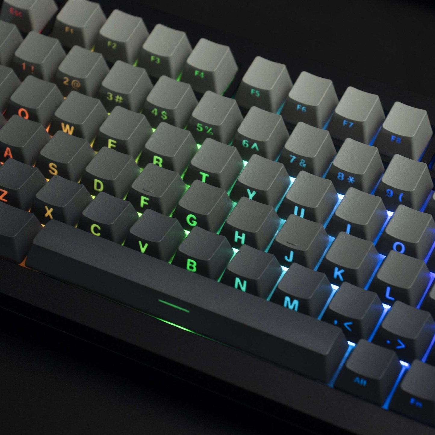 Close-up of OEM profile keycaps with side-printed letters and multicolor backlit legends