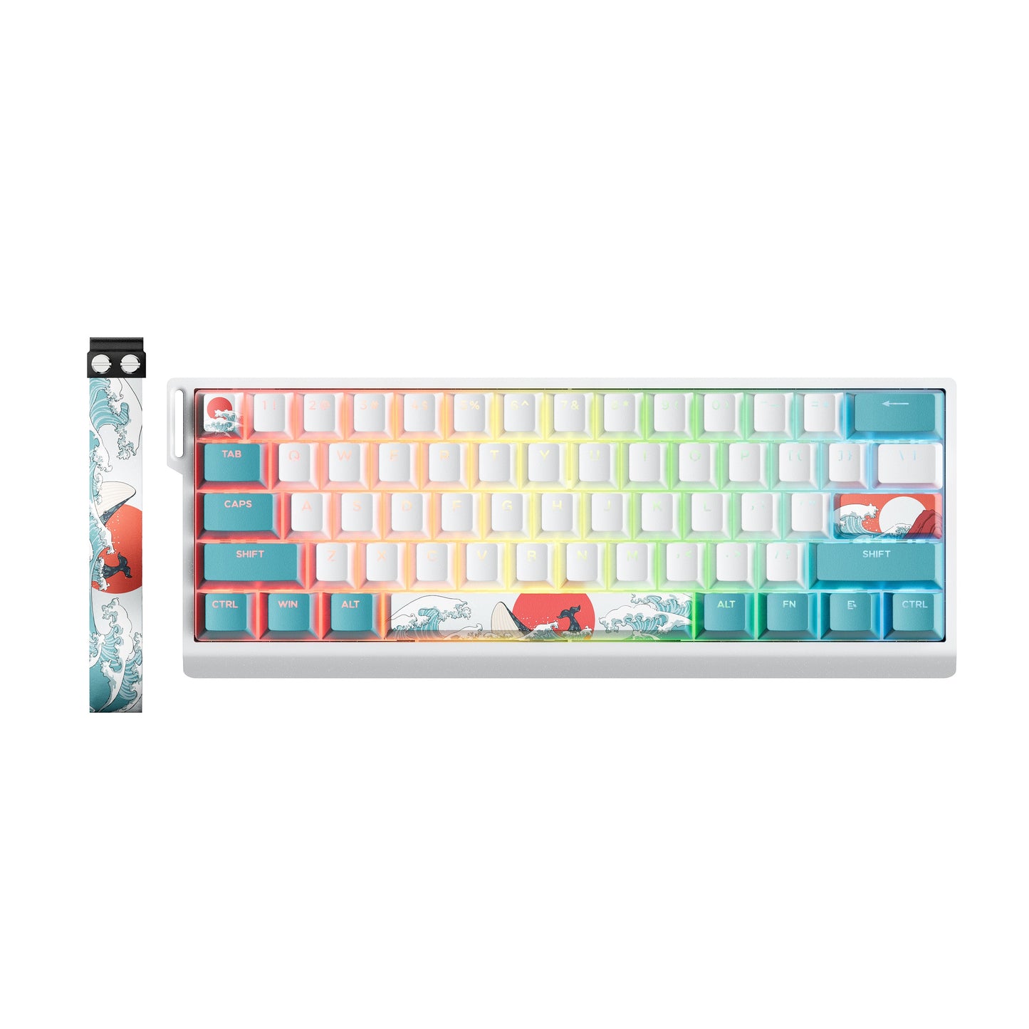 Coral Sea themed mechanical keyboard with translucent white body and rainbow RGB keycaps