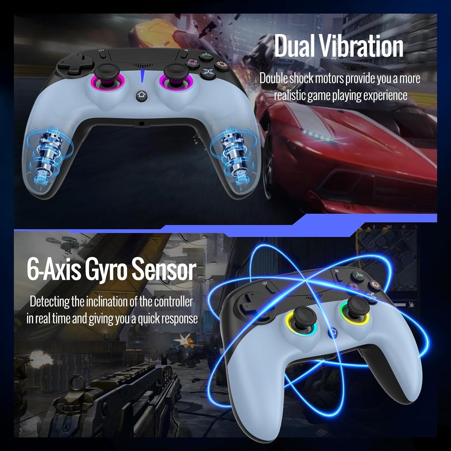 Sky blue and black wireless game controller with lit thumbsticks and glowing grips