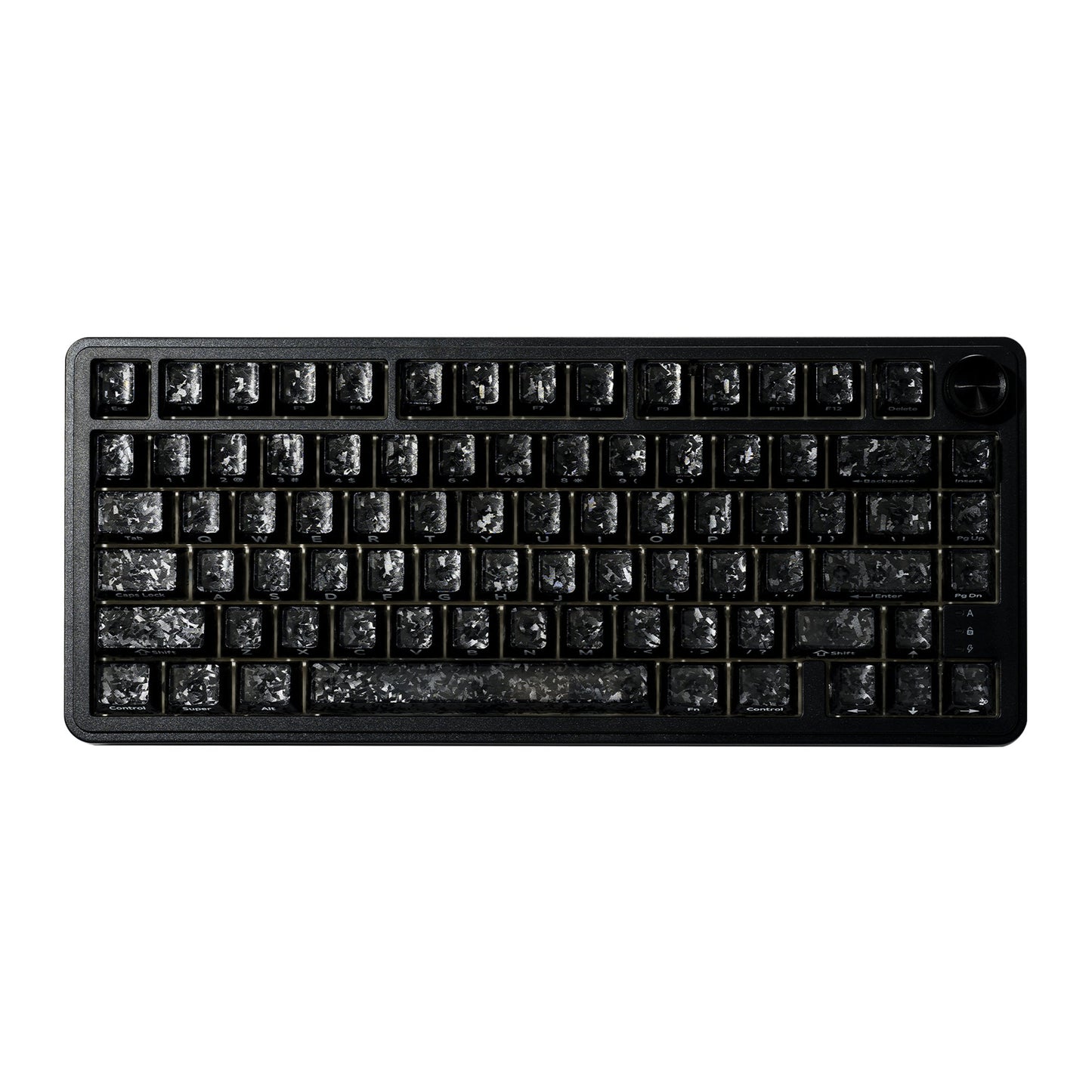 75% mechanical keyboard with dark textured keycaps and black rotary knob, unlit