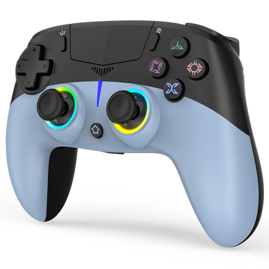 Sky blue wireless game controller with RGB thumbstick rings and black face buttons