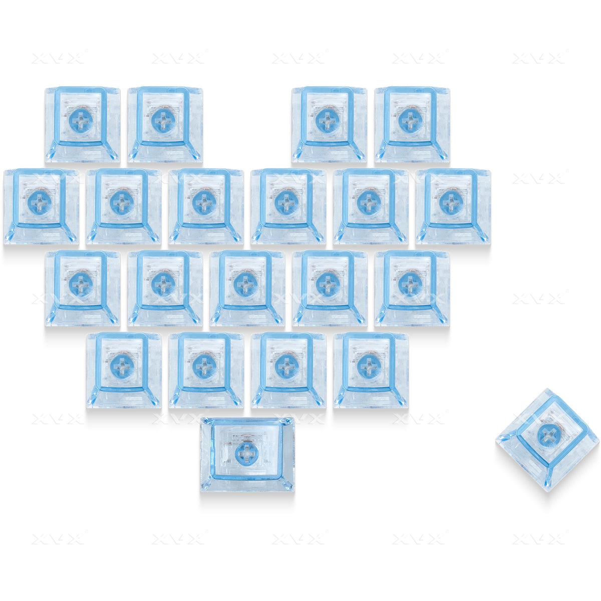 Blue translucent Cherry-profile keycap set with heart logo on square caps