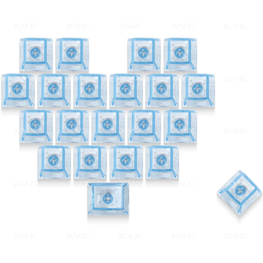 Blue translucent Cherry-profile keycap set with heart logo on square caps