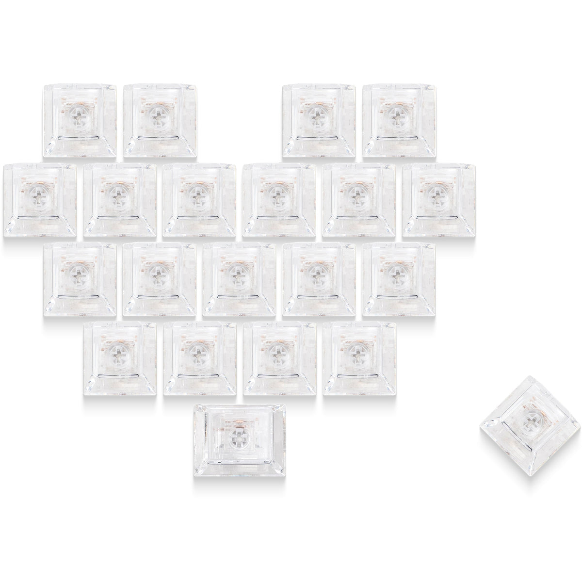 Transparent Cherry-profile keycap set with heart emblem on square caps, 21 keys