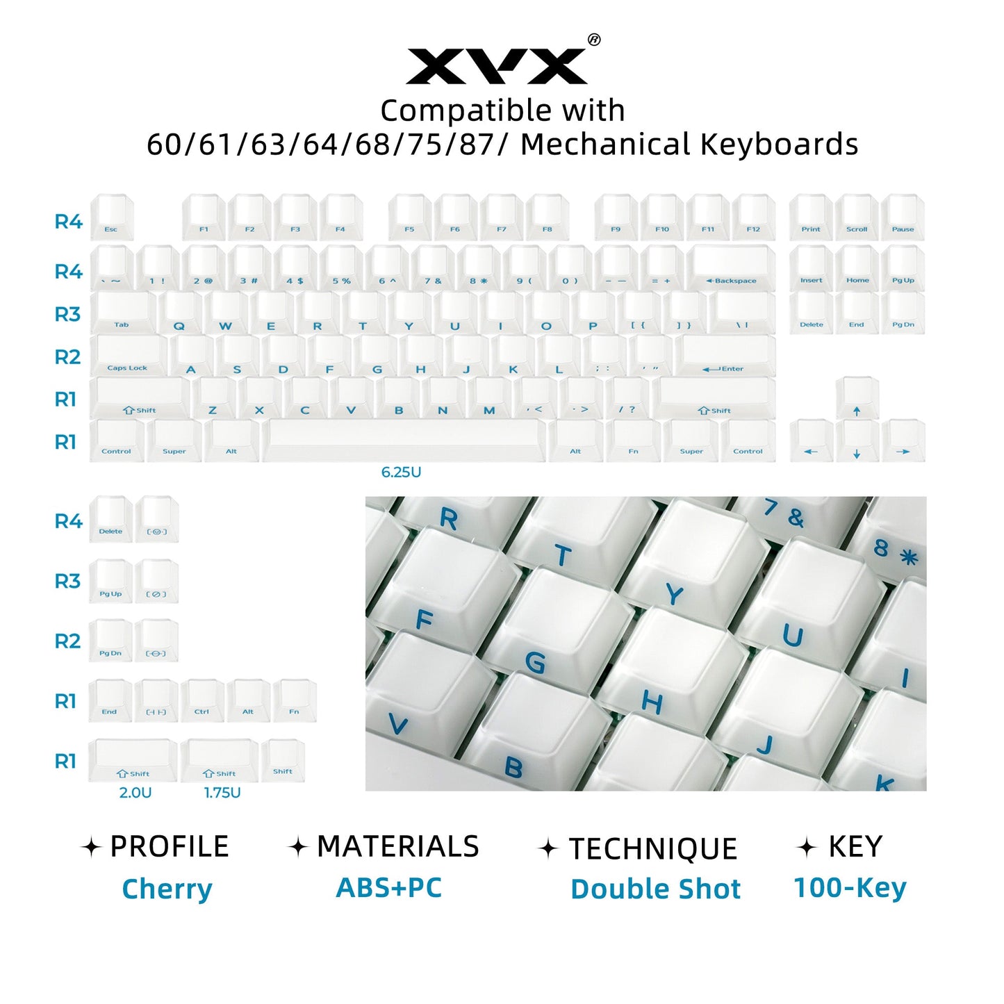 Mechanical keyboard keycap set layout sheet with white translucent caps and blue legends.