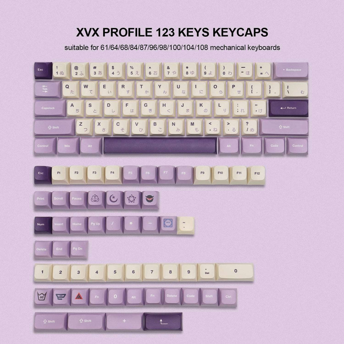 Lavender purple and cream 123-key PBT keycap set with dye-sublimated legends