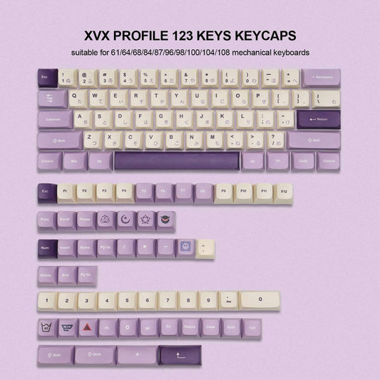 Lavender purple and cream 123-key PBT keycap set with dye-sublimated legends