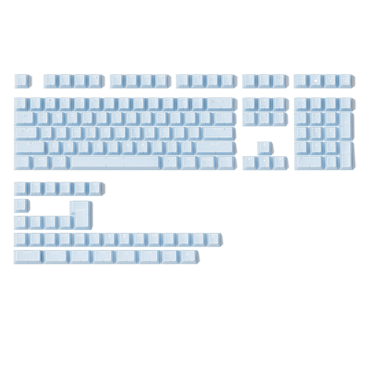 Cherry-profile keycap set key layout in light blue shine-through colors on white