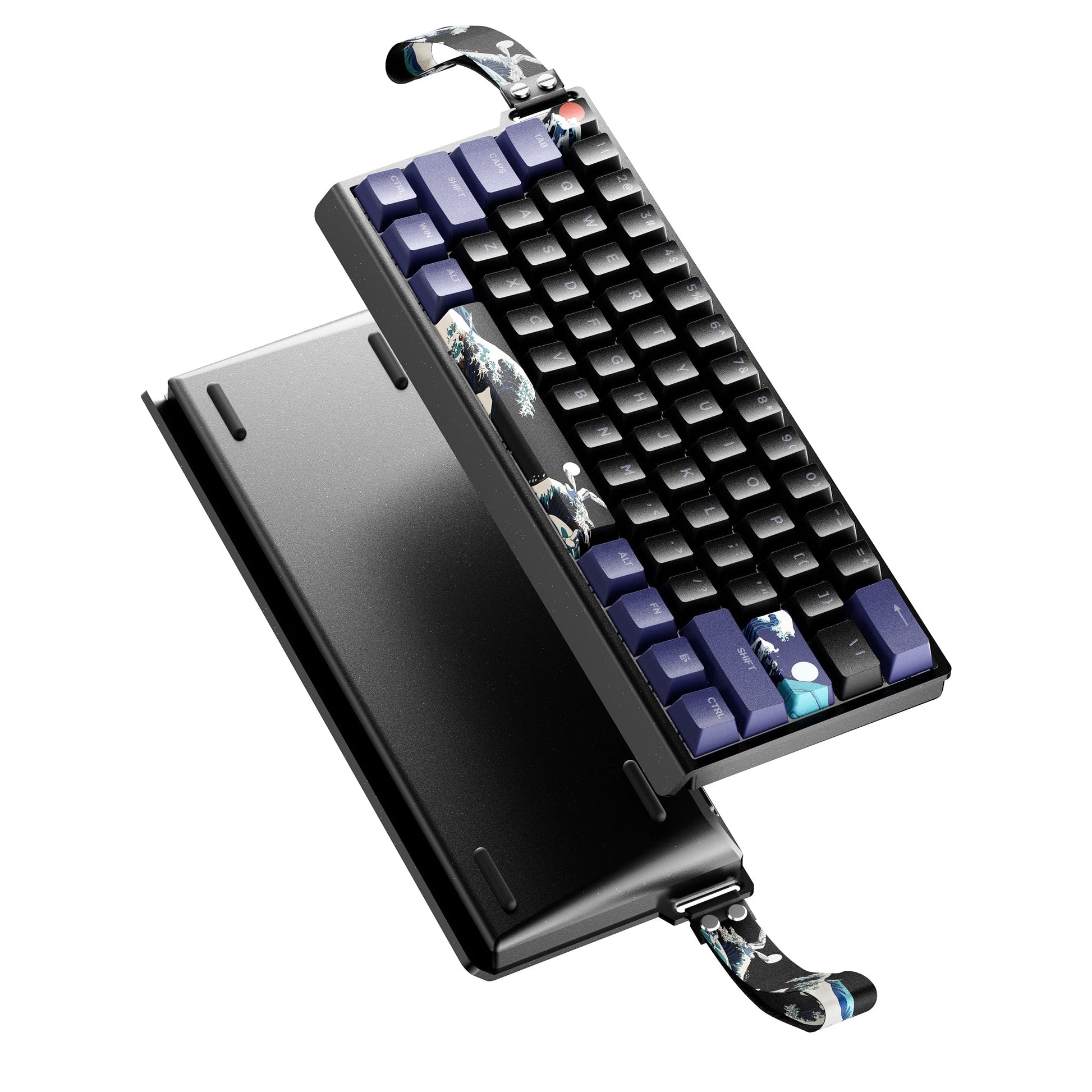 Aluminum mechanical keyboard in blue and black with ocean-themed keycaps, angled view