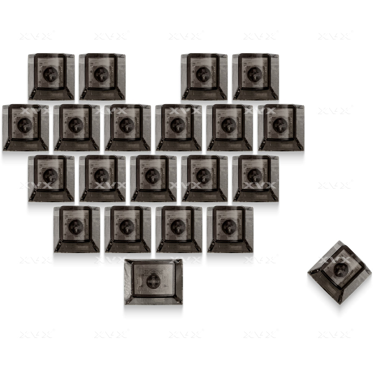 Dark translucent keycap set with heart profiles, shown as separate keycaps