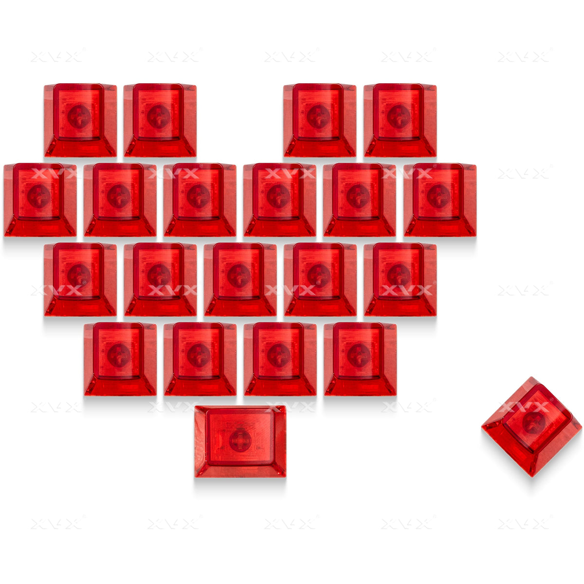 Red translucent Cherry-profile keycap set with heart logo on square caps
