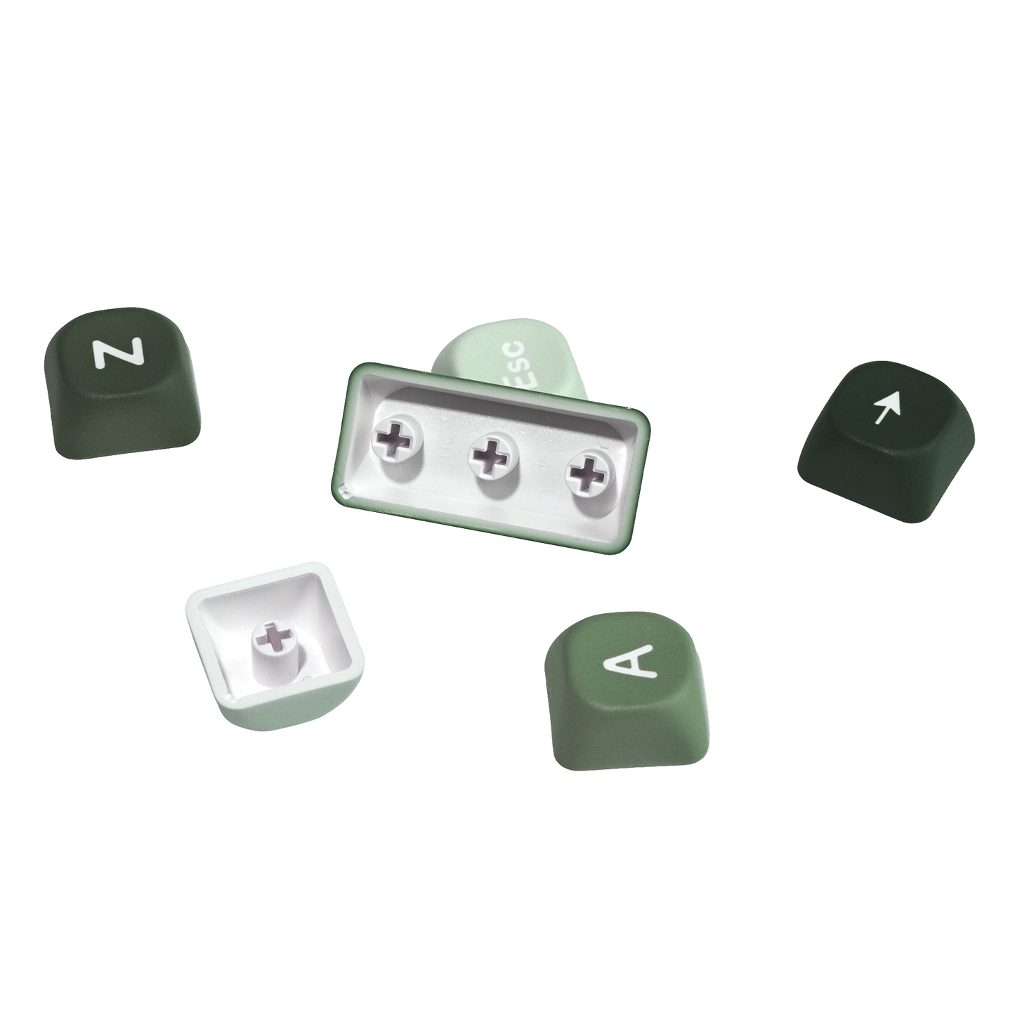 PBT keycap set pieces, mix of dark and light green keys with icon legends