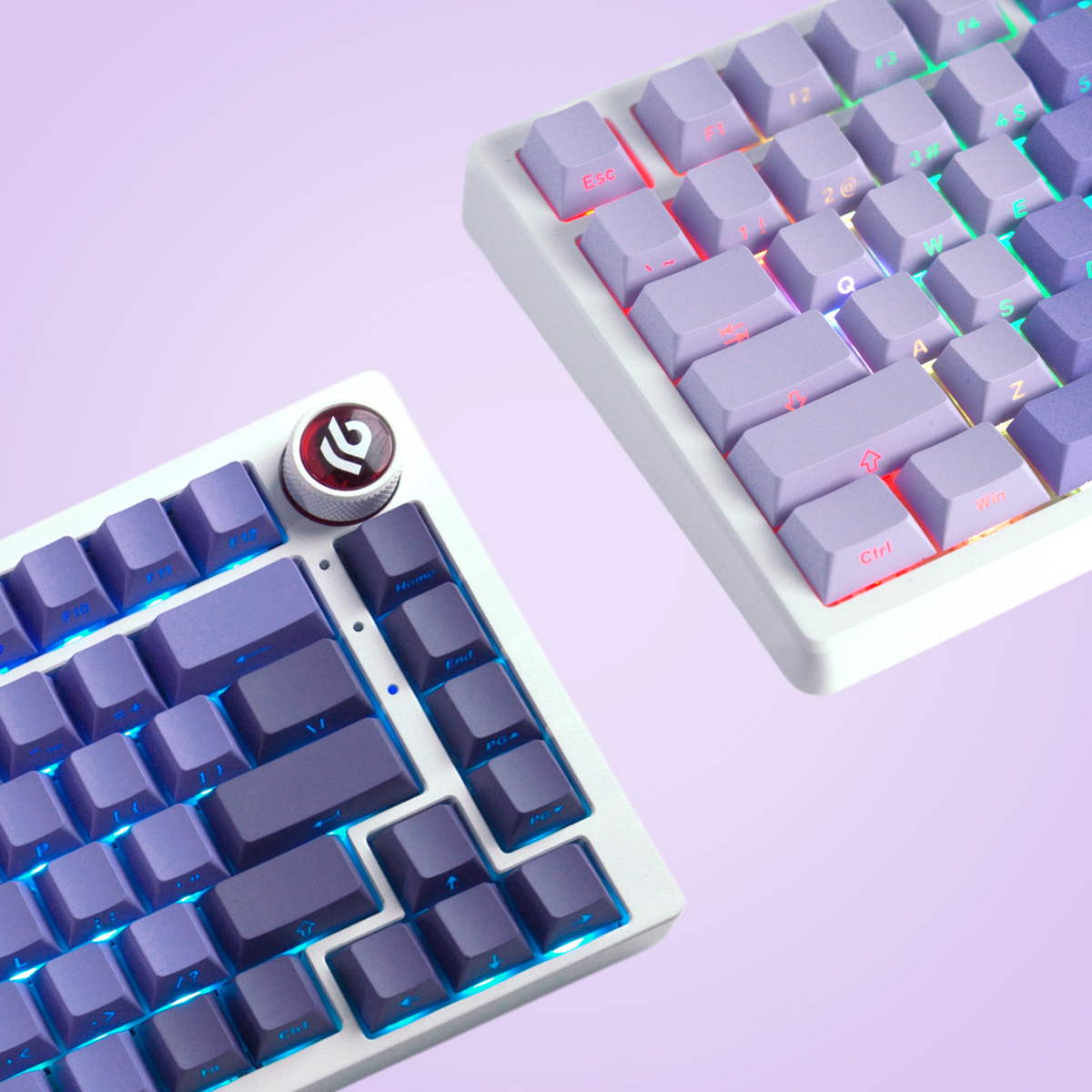 Close-up Cherry profile PBT keycaps with side-printed legends, gray and blue-violet gradient.