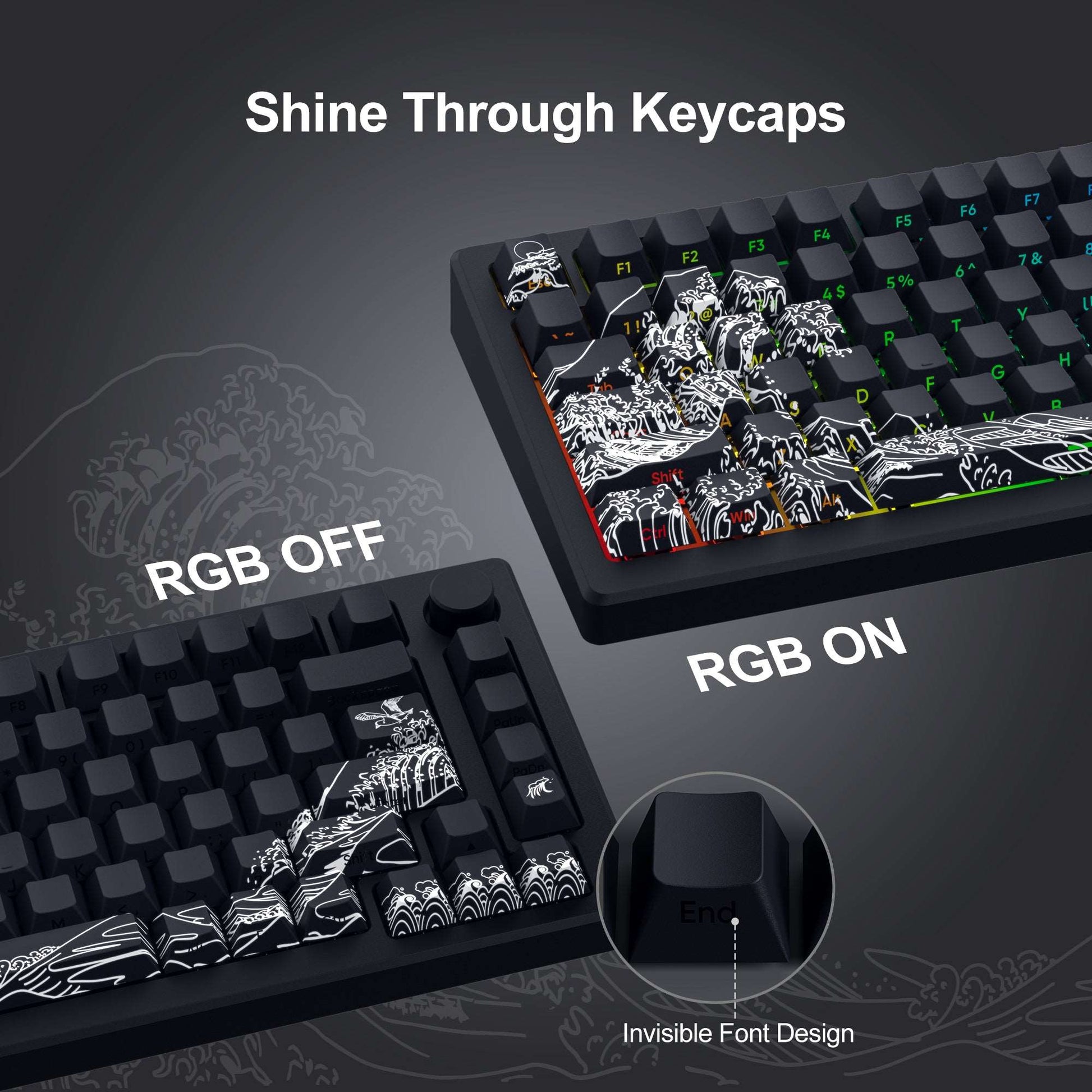 Black keycaps with white wave side print showing RGB lighting on keyboard