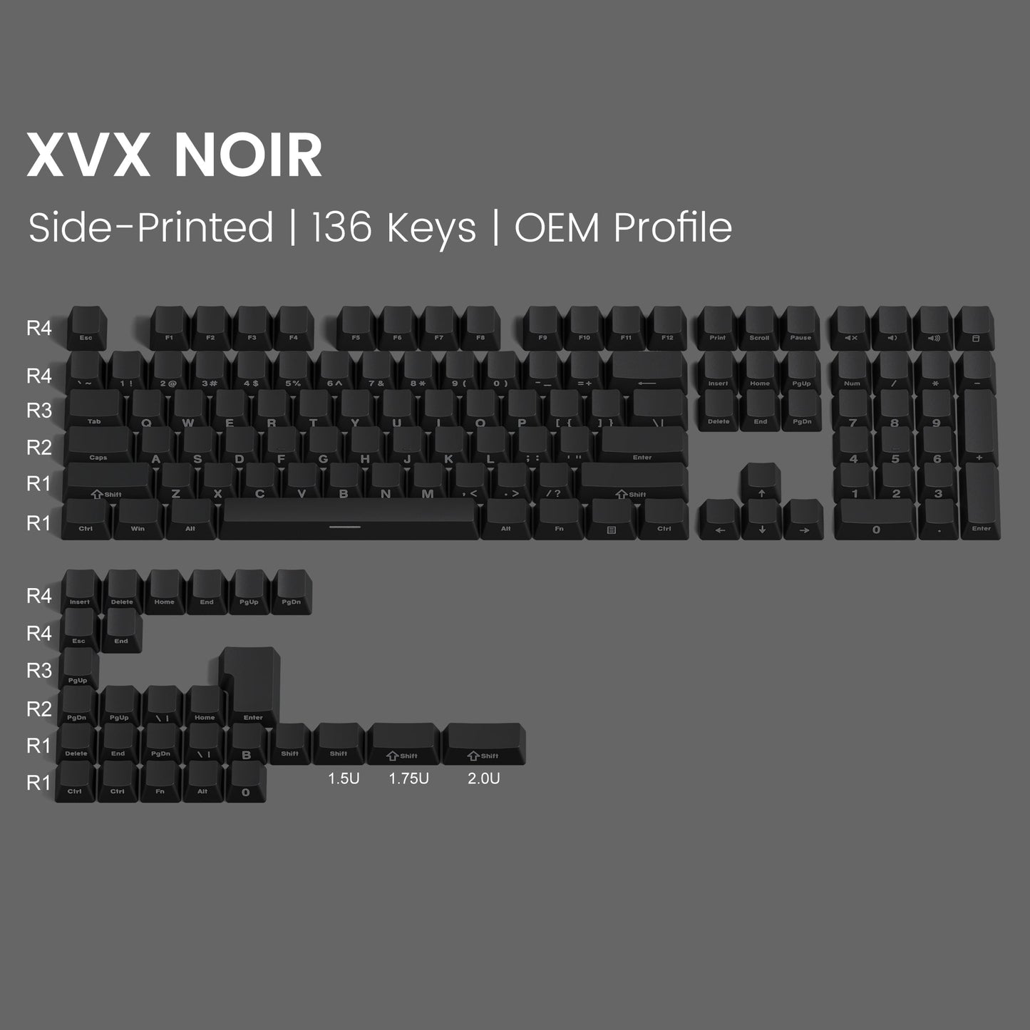 Noir gradient keycap set with side-printed legends, dark black caps and OEM profile rows