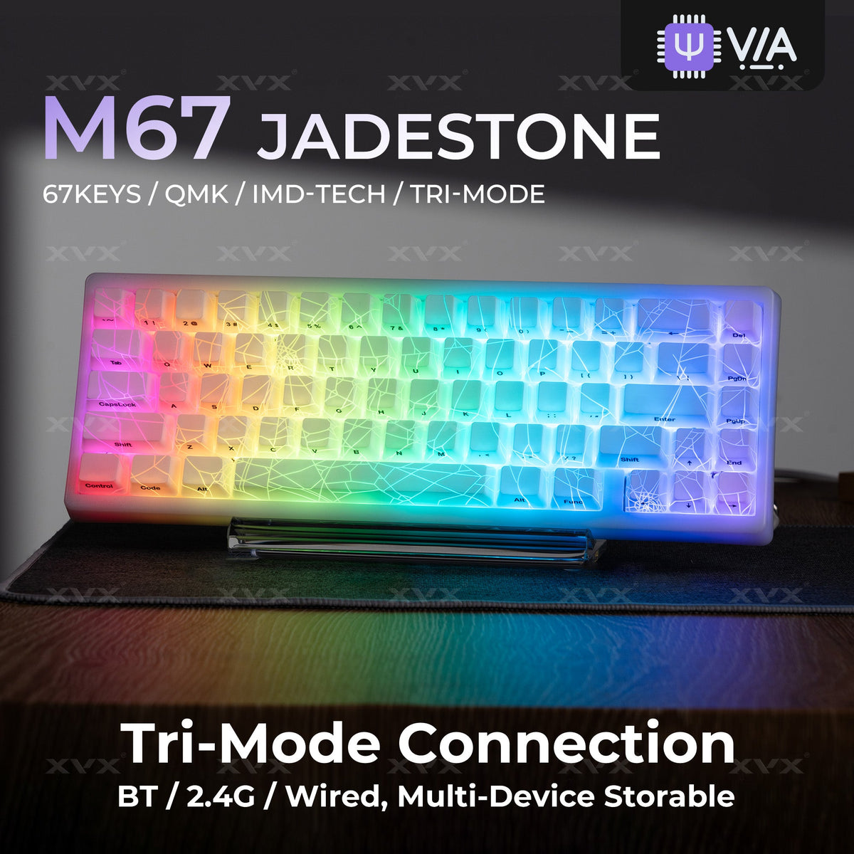 White 67-key tri-mode RGB mechanical keyboard with bright multi-color lighting