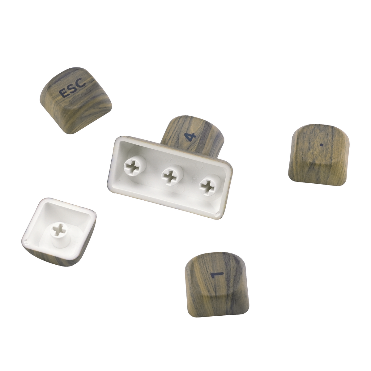 Wood-grain modifier keycaps with white plus signs and an ESC key, MOA profile