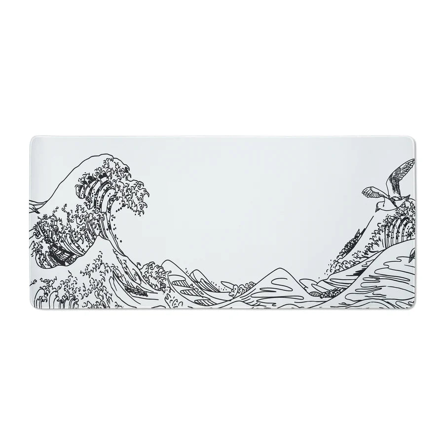 Large white Kanagawa outline desk mat with black wave and boat line art.
