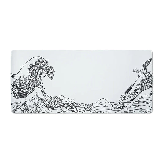 Large white Kanagawa outline desk mat with black wave and boat line art.