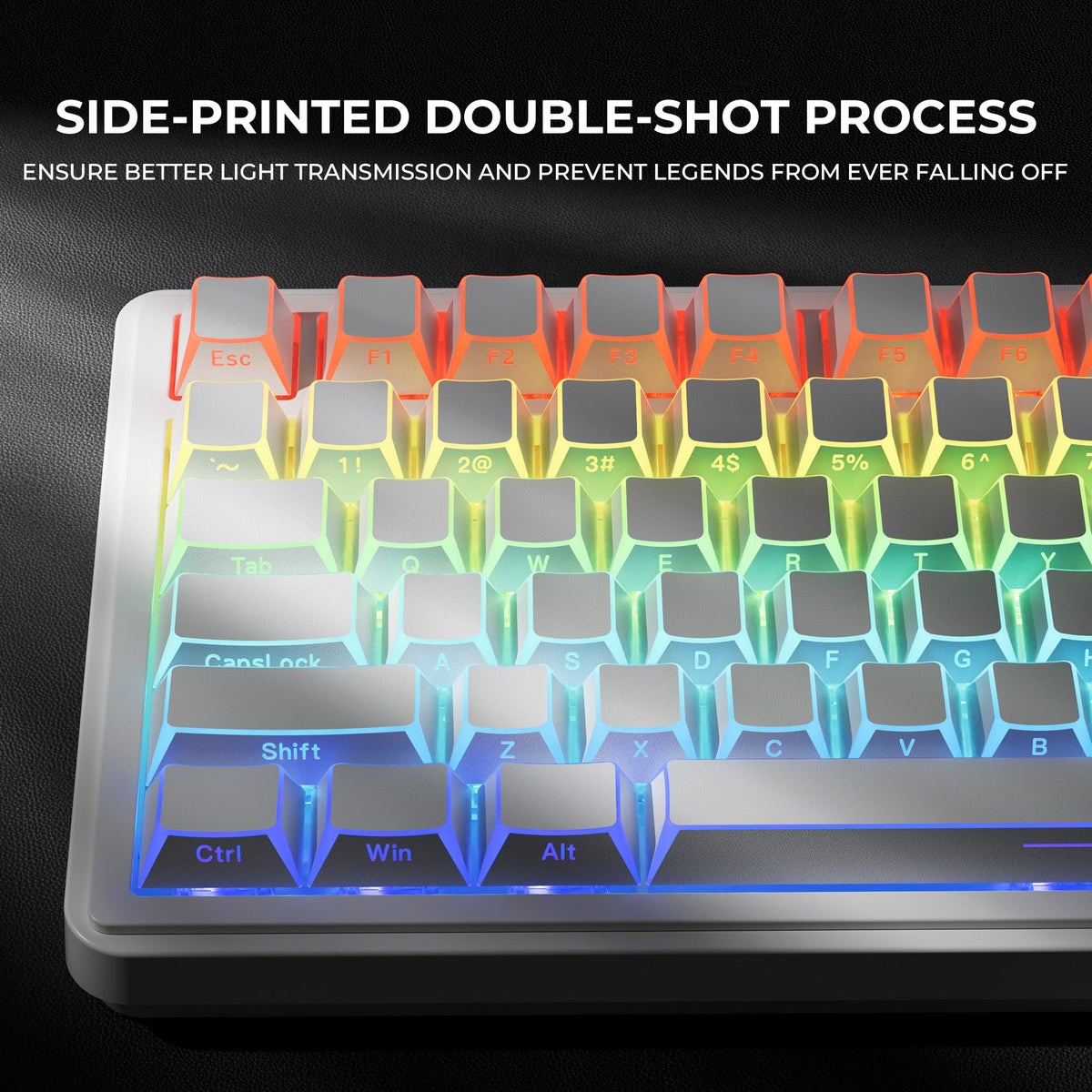 Cherry-profile keyboard keycaps with orange-green-blue shine-through illumination
