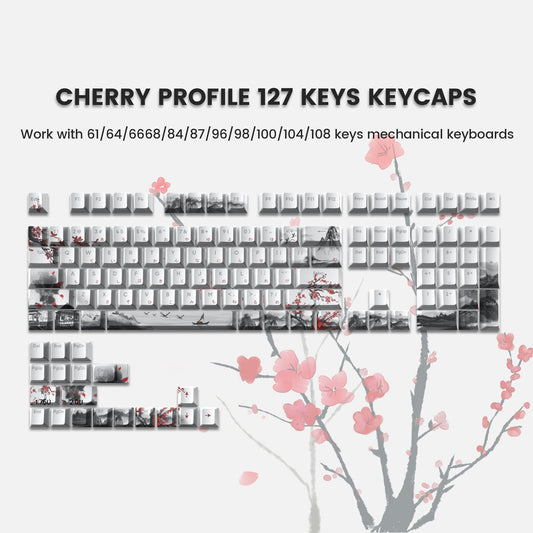 White Cherry-profile keycap set with cherry blossom and cityscape prints, 127 keys