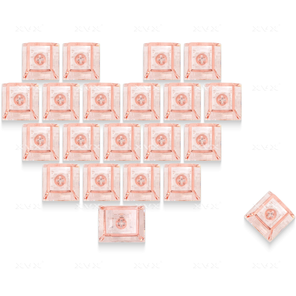 Coral translucent keycap set with heart profiles, shown as individual caps