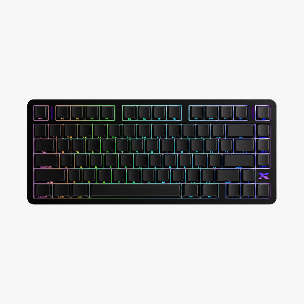 Low-profile mechanical keyboard, black keycaps with multicolor RGB backlight