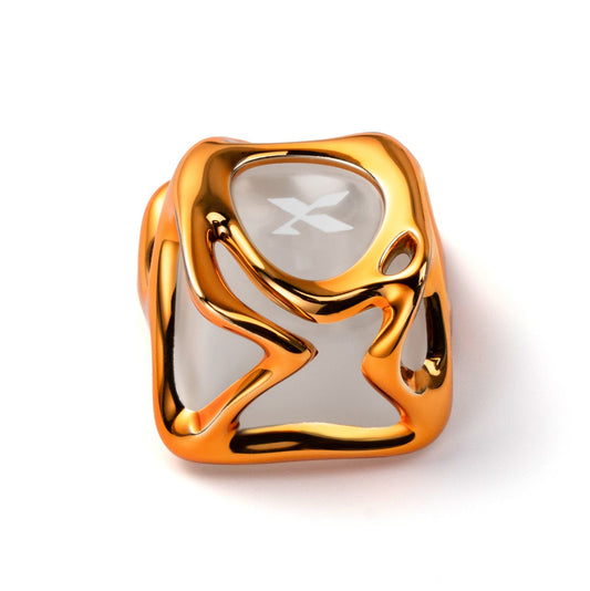 Golden liquid-metal electroplating keycap with star cutout and glossy sculpted top.