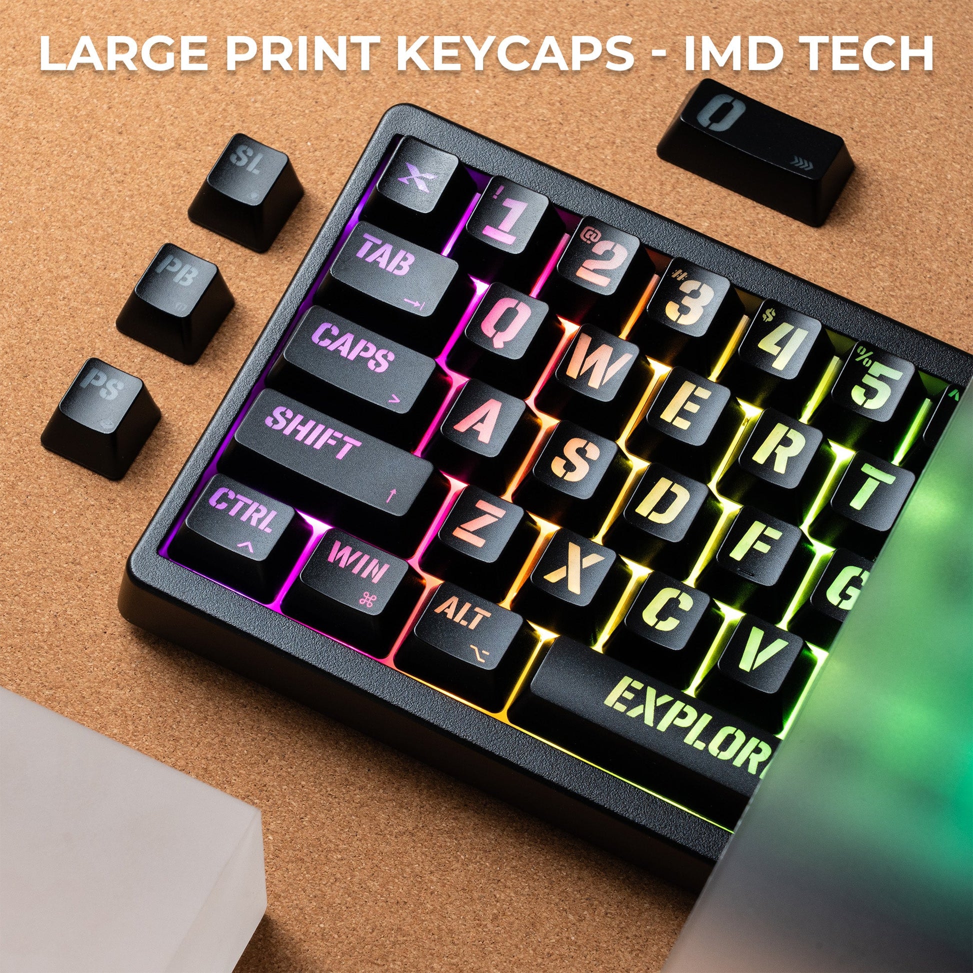 Close-up keycap set with colorful shine-through legends on black OEM keycaps