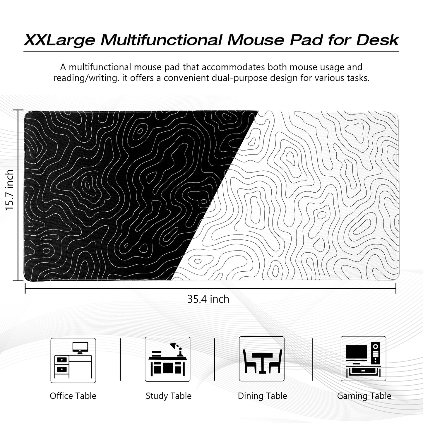Large topographic desk mat with black-and-white contour line pattern.