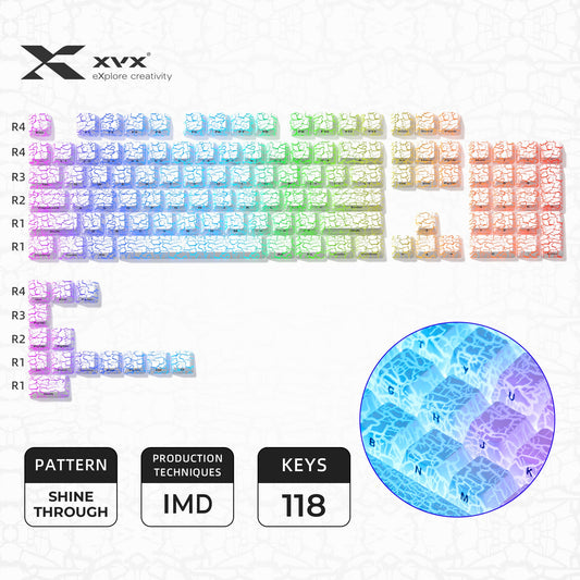 Ice crack pattern shine-through keycaps in purple-blue-green tones (118 keys)